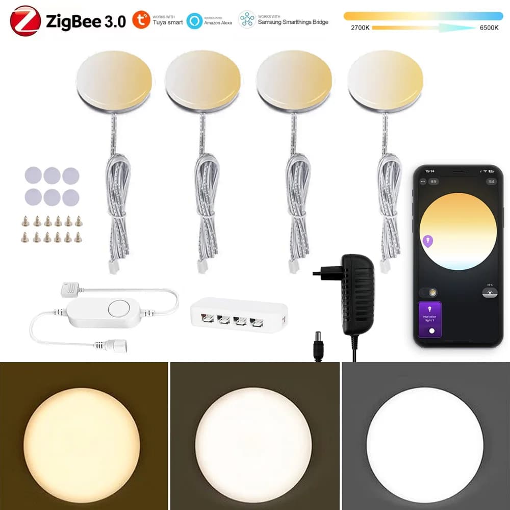 Zigbee 3.0 Rotondo Doppio LED Bianco Sotto La Luce Dell'armadio CCT Colore Dimmer Controllo Vocale/App fr Armadio Armadio Camera Da Letto per Alexa Goo