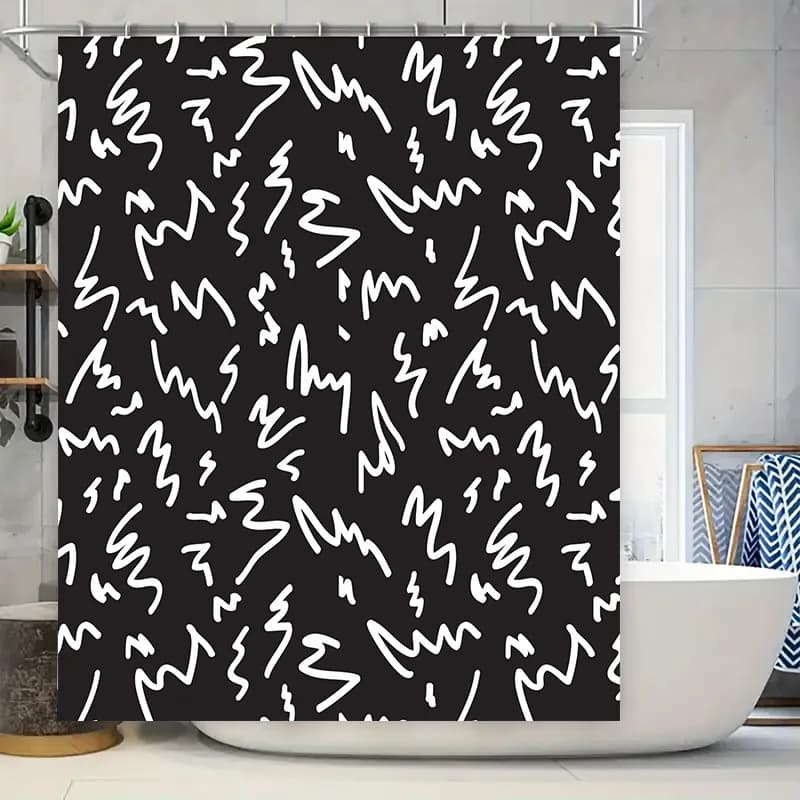 Tenda da doccia moderna a zigzag bianca Tappetino da bagno impermeabile Fodera decorativa Schermo per la privacy della finestra per il bagno di casa Set bianco nero