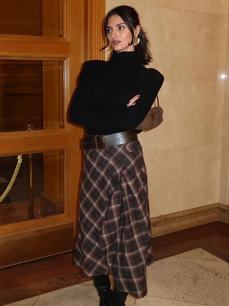 HH 2026 Gonna Midi a Quadri da Donna alla Moda, Asimmetrica con Pieghe e Decorazioni a Bottoni, Gonna Femminile a Vita Alta Casual ed Elegante