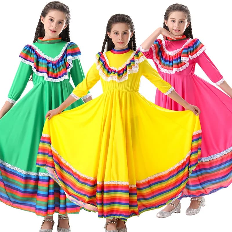 Traditional folk Mexican Stage Performance Costumes for Women Long and Wide Swing Dance dresses Halloween Party Costumes