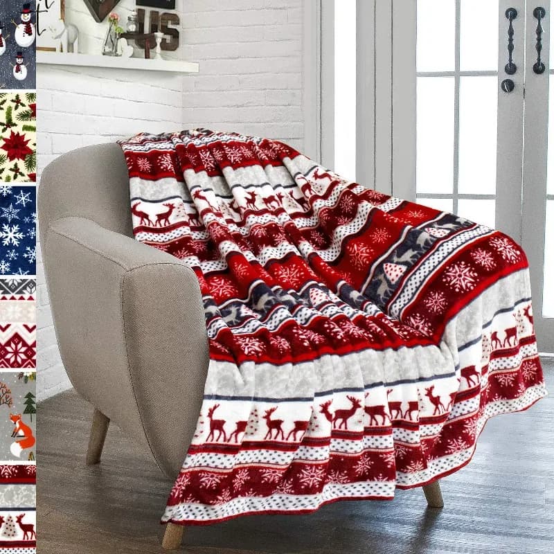 Coperta morbida per divano in flanella di velluto per camera da letto in poliestere con stampa digitale di renne natalizie Coperte morbide per divano in pile