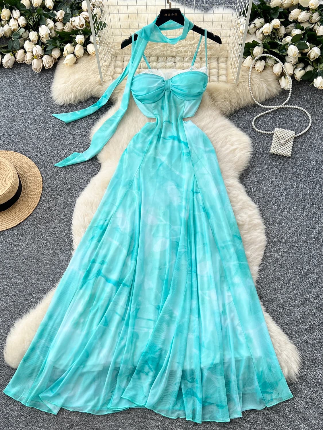 Abito lungo da donna con cintura in vita, scollo all'americana e vita alta, stile A-Line, per le vacanze estive