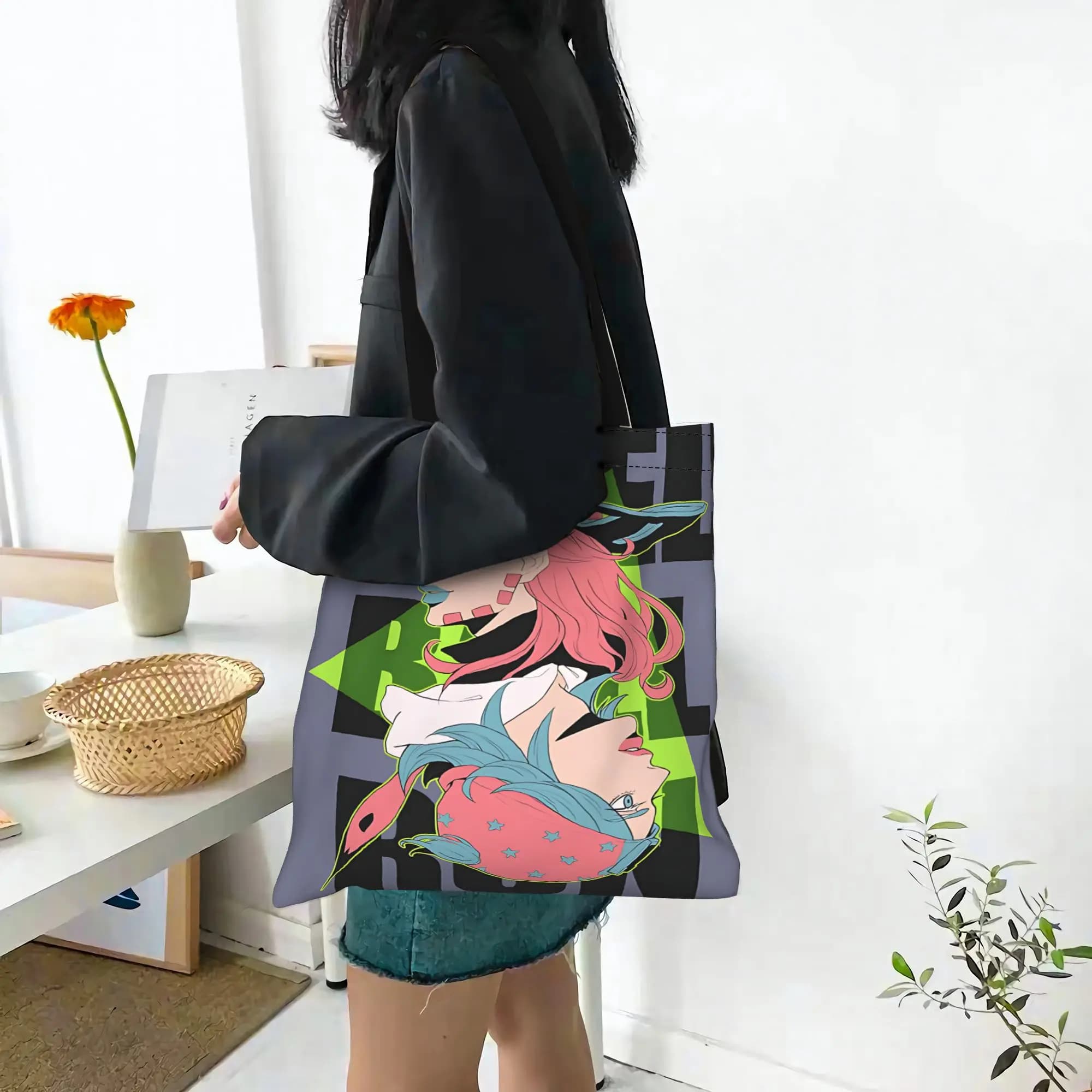 Women's bag 2026 JOJO STEEL BALL RUN, double side reusable canvas tote bag, Funko Pop shoulder bag