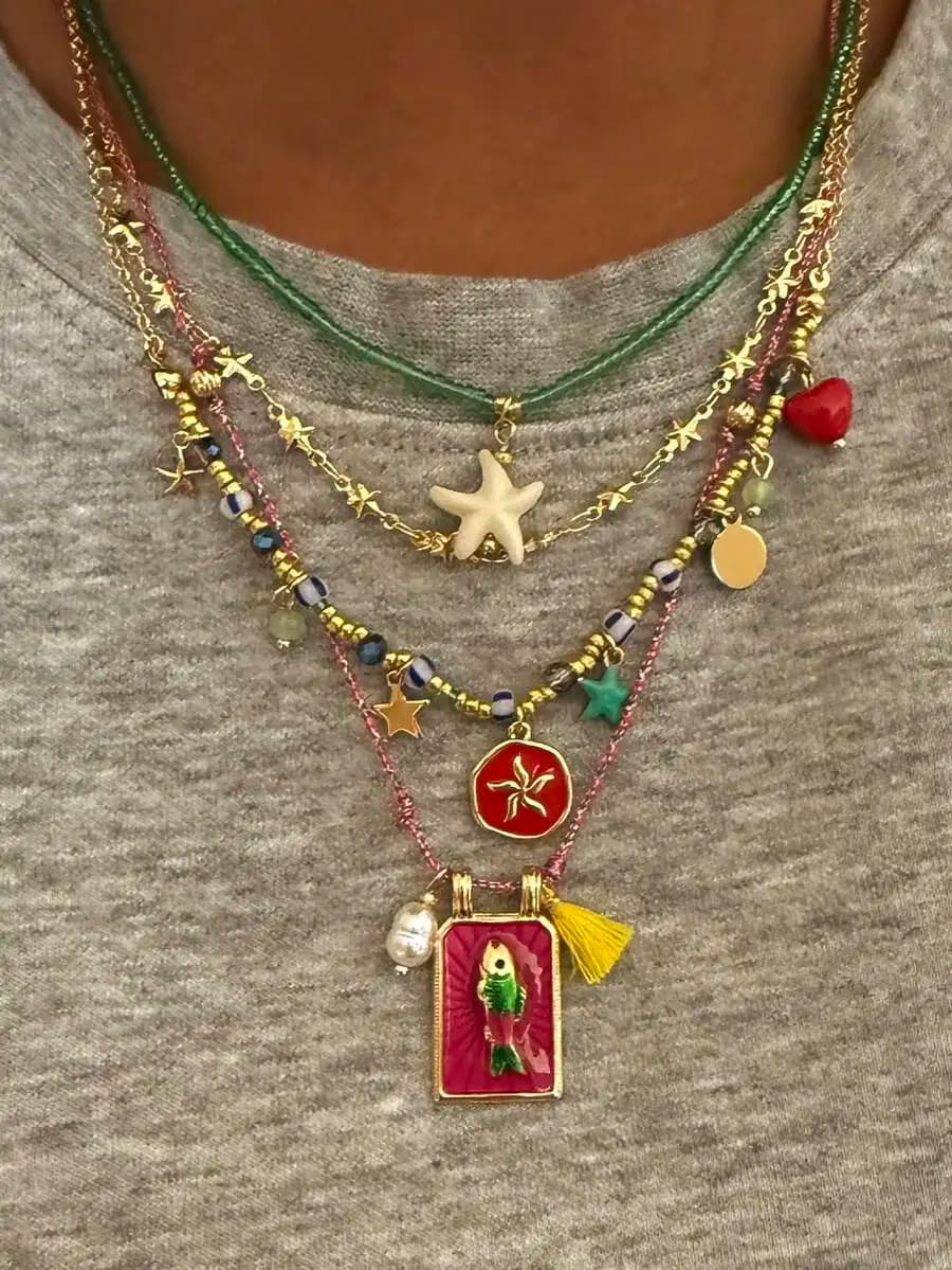4pcs Bohemian Handmade Beaded Colorful Square Fish & Starfish Pendant Multilayer Necklace Set For Women, Suitable For Daily, Par