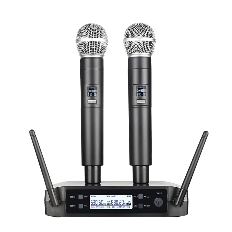 Portable dual channel wireless microphone UHF Dynamic fixed frequency microphone for Karaoke Wedding Party Band Church Show