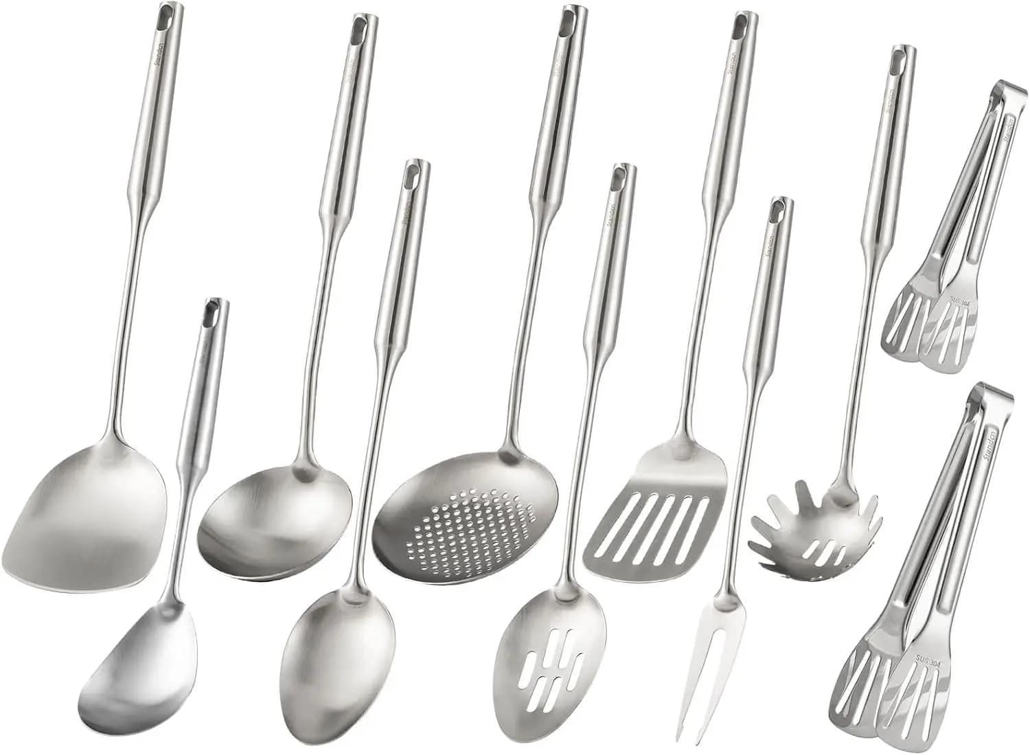 Set di Utensili da Cucina in Acciaio Inox 18/10, 11 Pezzi di Strumenti per Cucinare Interamente in Metallo con Pinze e Cucchiai