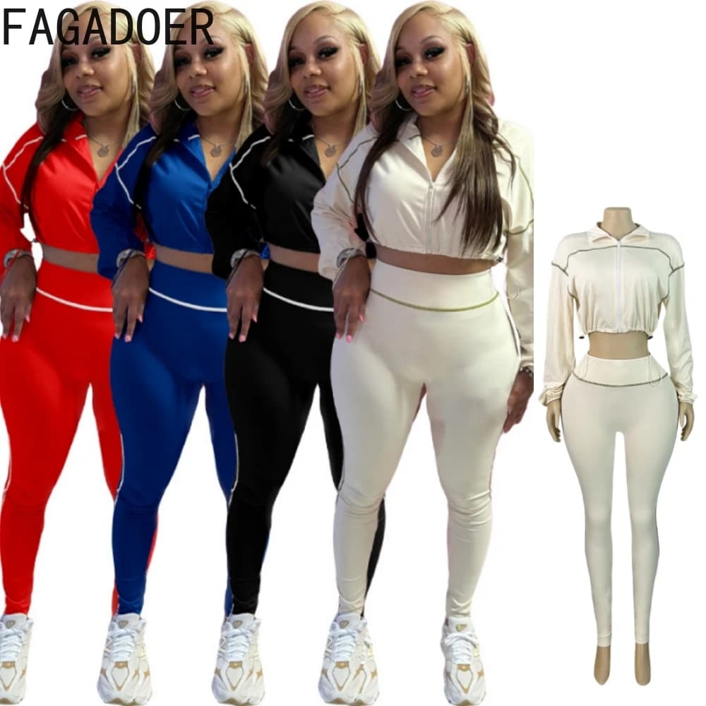 FAGADOER Fashion Line Sporty Skinny Pants Two Piece Sets Women Zip Drawstring Long Sleeve Crop Top And Pants Outfit Tracksuits