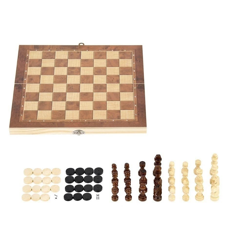 【Supernew】Wooden Foldable 3 In 1 Chess Backgammon Wooden Board Folding Board Game