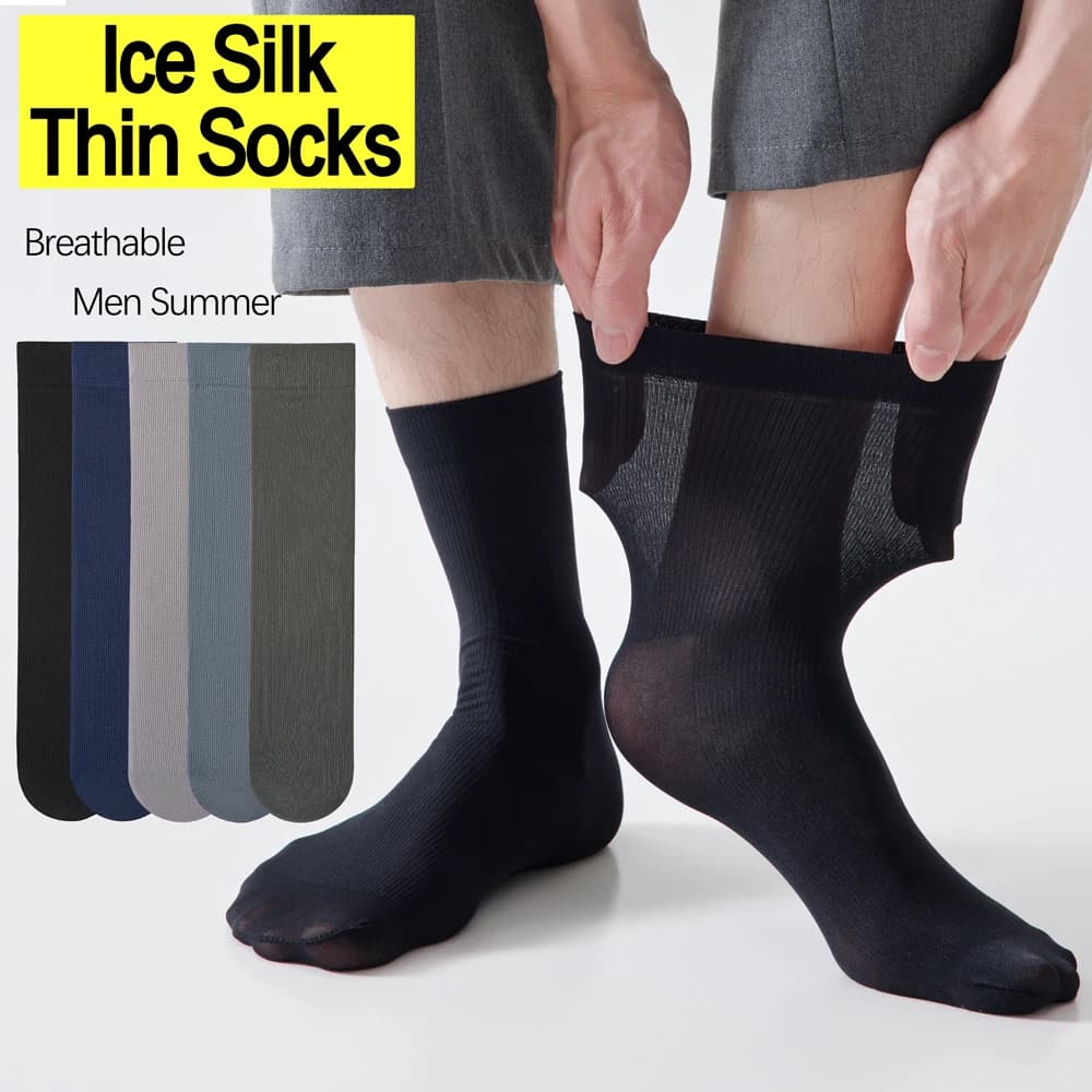 5Pairs Men's Breathable Mesh Ice Silk Socks Summer Thin Anti Odor Moisture Wicking Solid Color Business Casual Mid Calf Socks