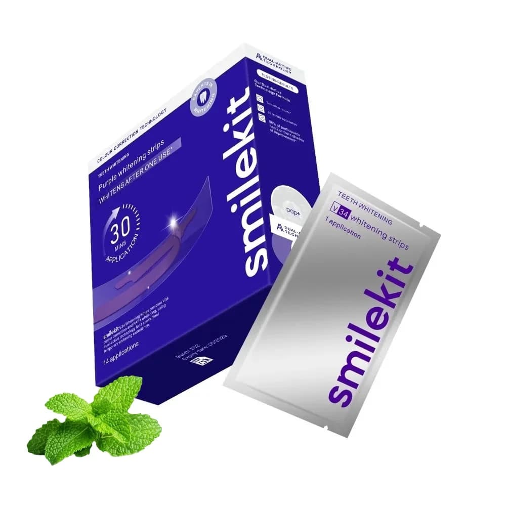 14 Strip Paia Sbiancanti V34 per Denti, Strisce Viola per Rimozione Macchie Dentali, Sicure per Denti Sensibili, Results Duraturi, Oral Care