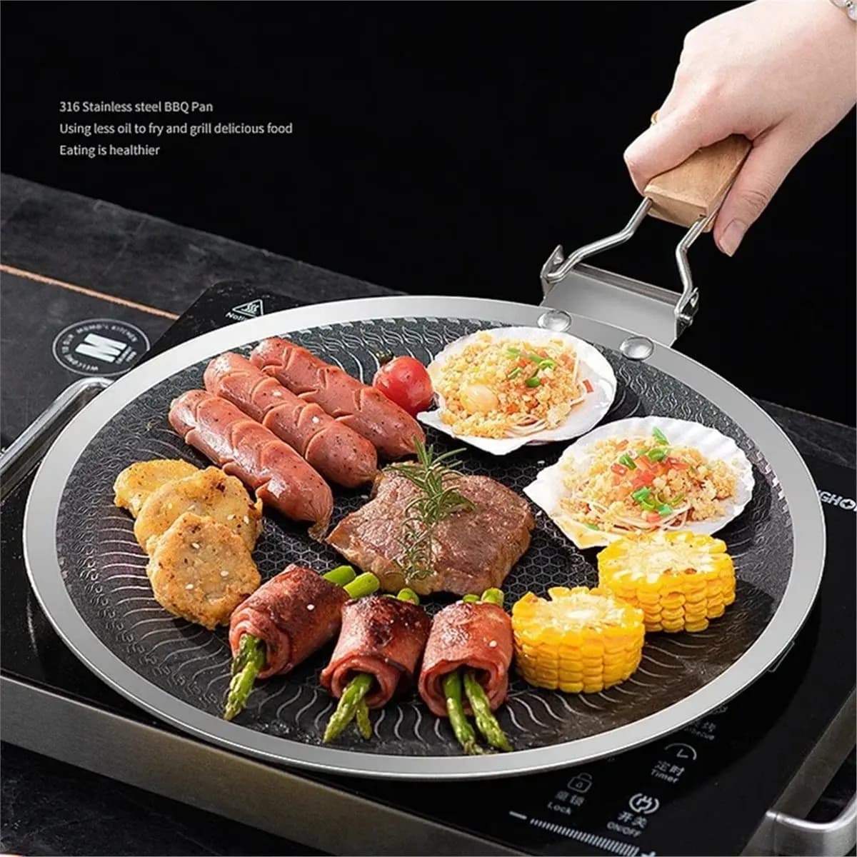 New arrival Non-Stick Frying Pan Steak Pancake Outdoor BBQ Grill Pan 316 Stainless Steel Skillet Camping Tools 34cm