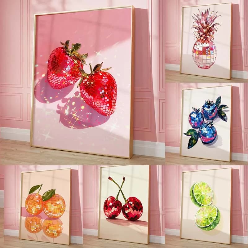 Fashion Pink Disco Lemon Grape Apple Cherry Strawberry Poster Print Fashion Wall Art Picture Decor Frameless Canvas Painting