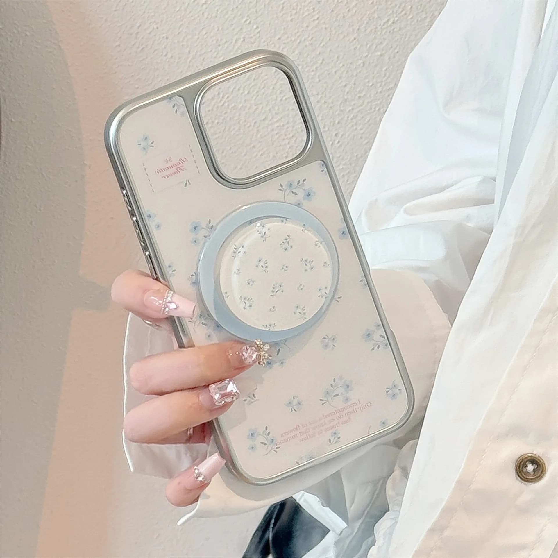 Custodia per telefono con staffa magnetica placcatura in argento floreale coreano per iPhone 17 Air 16 15 14 13 12 Pro Max Cover rigida antiurto