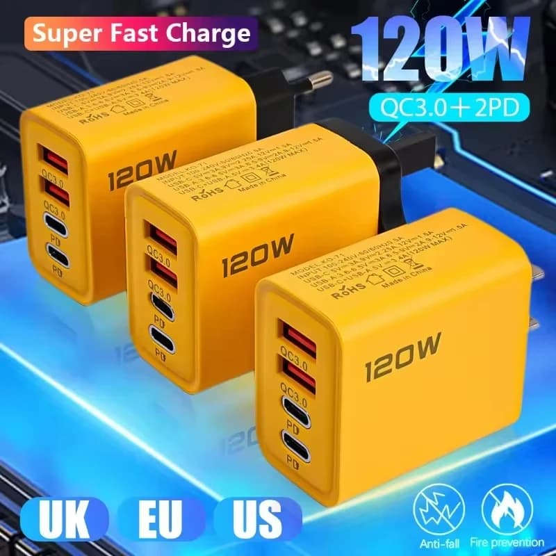 Caricabatterie Rapido 120W a 4 Porte per Smartphone, Adattatore USB Tipo C 3.0 Super Veloce con Spina EU/US/UK per iPhone Samsung Xiaomi