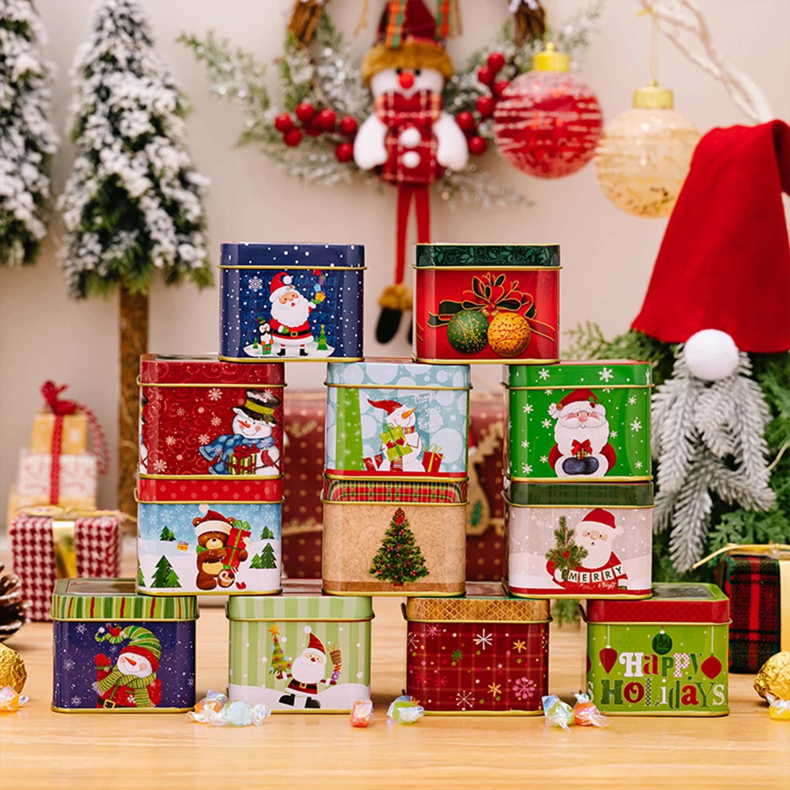 Food-Grade Tinplate Storage Box for Christmas Party Kids Candy Container with Clear Lid Snowman Santa Holiday Gift Packaging