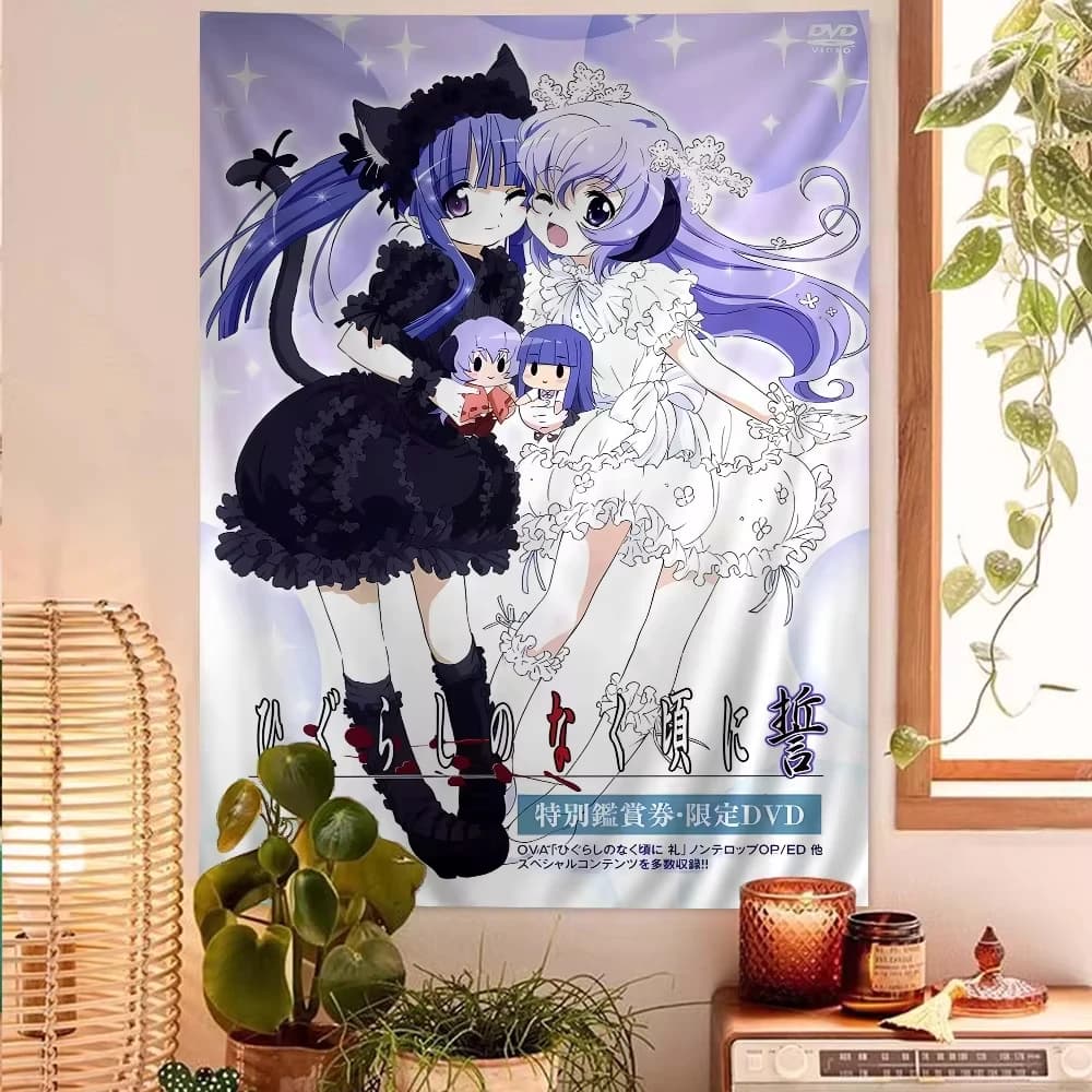 Tapestry con stampa piatta di Higurashi When They Cry, decorazione da parete a tema anime per casa, soggiorno, camera da letto, dormitorio