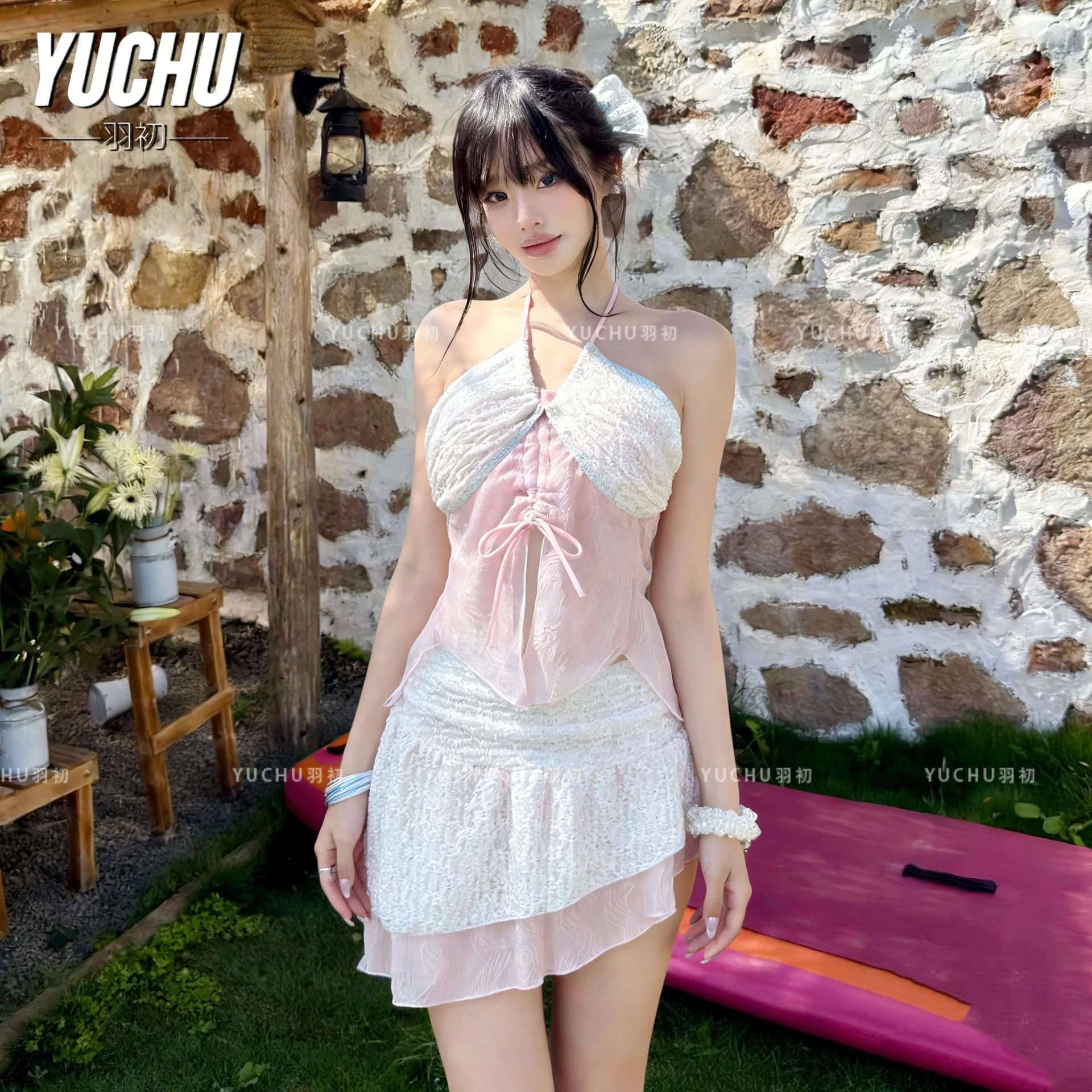 French swimsuit 2026 with volant and slit, woman's, white, with American neckline and band, design Pure Desire, set for beach holidays