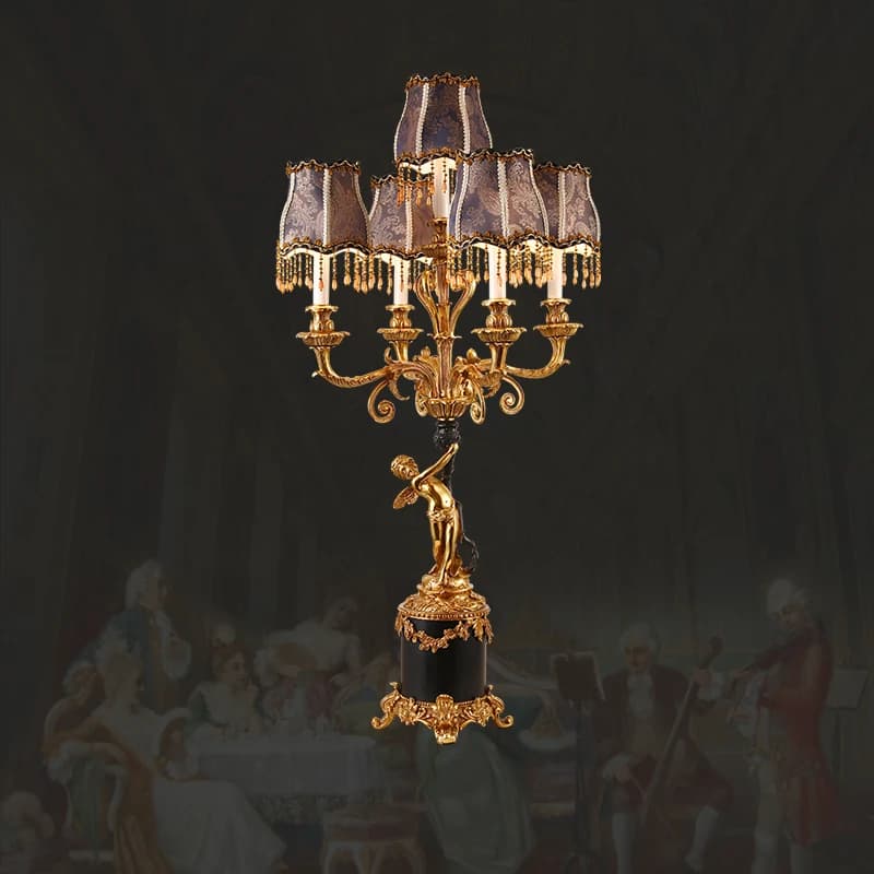 Lampada da Tavolo con Paralume in Tessuto e Ottone Francese, Grande Lampada Classica Europea per Villa, Hotel, Lobby, Soggiorno