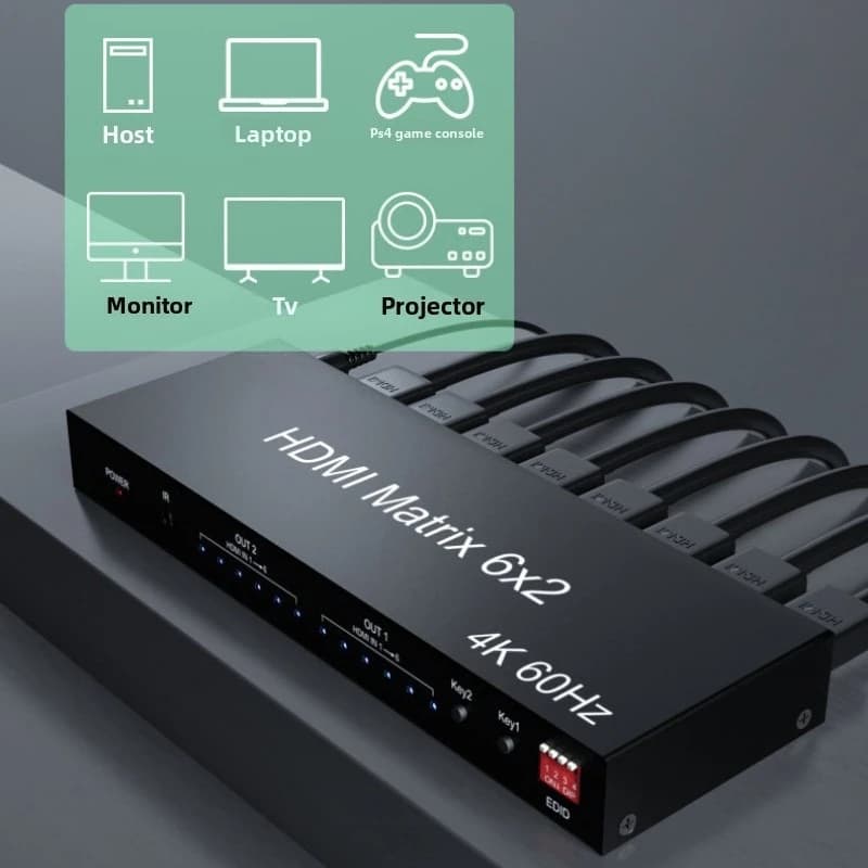 6x2 HD Matrix Switch 4K 60Hz HDTV Matrix 6 in 2 out Video Switcher Splitter with optical R/L Audio Extractor for PC Loptop TV
