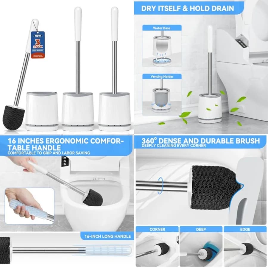 Spazzola per WC, Set Spazzola e Supporto per WC, Spazzola per WC con Setole e Supporto Ventilato, Set Spazzola per WC Compatto da Parete per Pulizia Profonda del Bagno (3, Bianco)