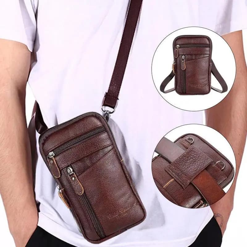 Borsa da cintura verticale in vera pelle da uomo per telefono, multifunzione con clip da cintura e cerniera antifurto, utilizzabile anche come marsupio.
