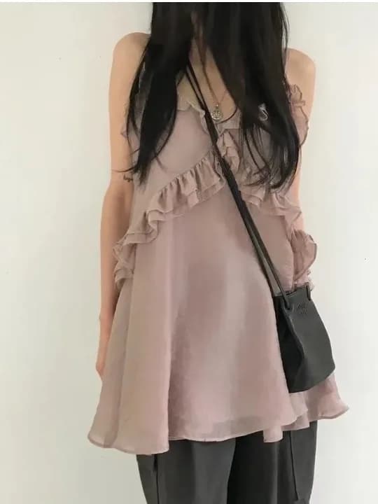 Chic Double Layer Ruffle Chiffon Strap Dress Women's Sweet Youthful Short Skirt Korean Style Breathable Summer V Neck a Line ...