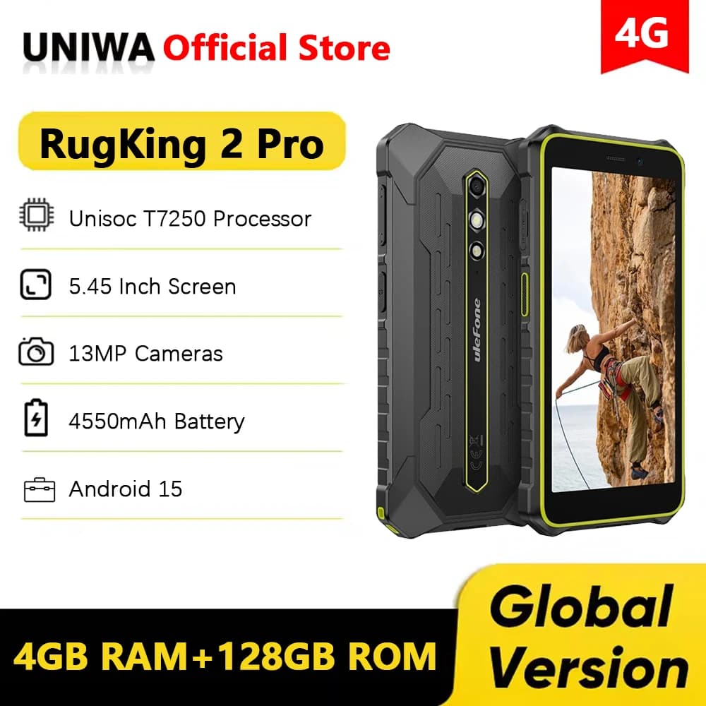 Ulefone RugKing 2 Pro AI Smartphone robusto Android 15 5.45 pollici 4GR AM + 128 GB ROM Telefono cellulare NFC 4G Cellulare globale 4550 mAh