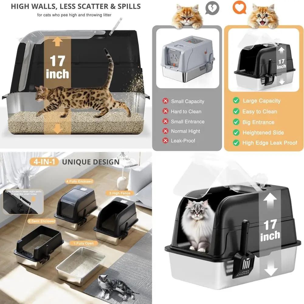 Lettiera per Gatti Extra Large in Acciaio Inossidabile con Coperchio Trasparente Ribaltabile, Bordi Alti, Paletta e Tappetino - Nero
