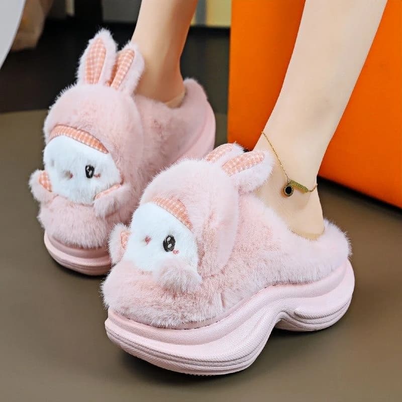 Scarpe da donna con tacco spesso e plateau per donna Infradito pelose Nuovo arrivo 2025 Pantofole soffici con coniglio carino