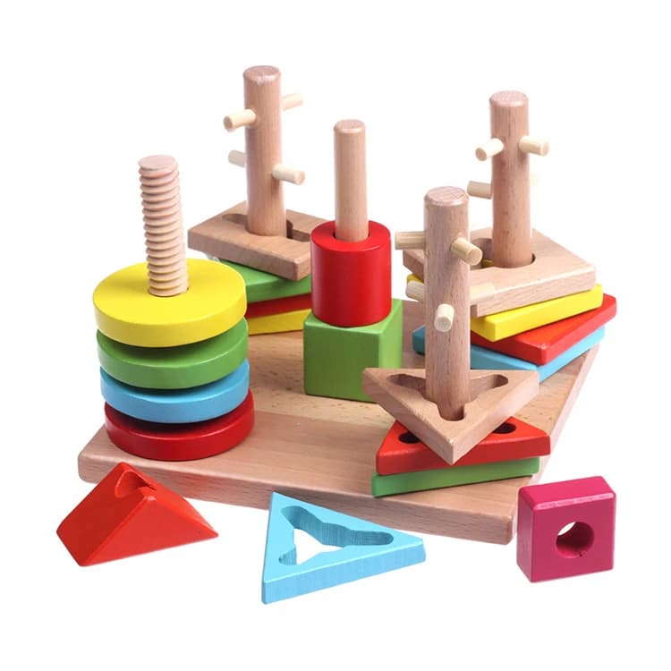 Giocattoli Educativi in Legno per Bambini, Set Colorato di Blocchi Geometrici a Colonna