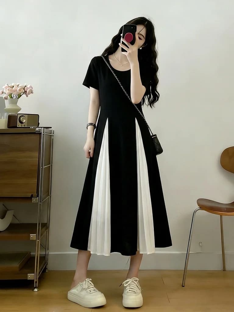 Elegant Black Midi Dress with Pleats And Shoulder Baring Design for plus Size Women Summer New Style A-Line Skirt Casual Wear