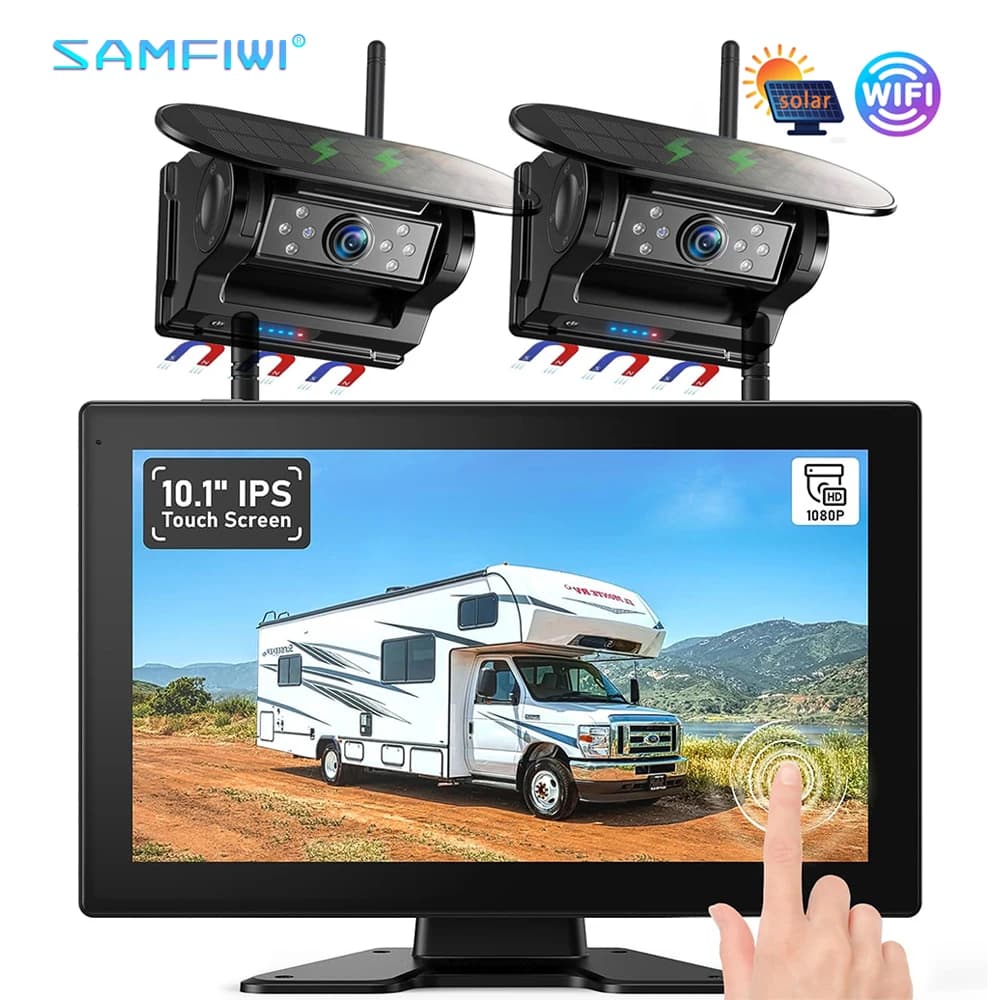 Monitor DVR Solare Wireless da 10 Pollici, Kit Telecamera Anteriore e Posteriore con Allarme BSD a 4 Canali per Camion, Autobus, Rimorchi e Veicoli Pesanti