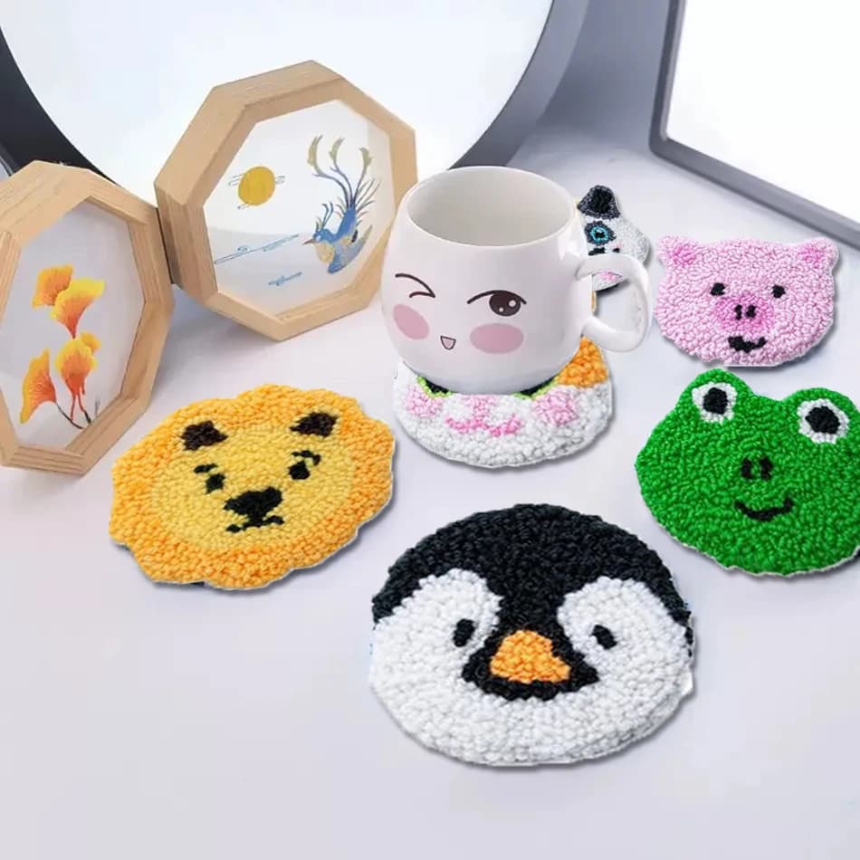 6ps Set Frog Pig Punch Needle Coasters Kit Easy DIY Punch Needle Embroidery Set for Adults Craft Supplies Decor Table Mat