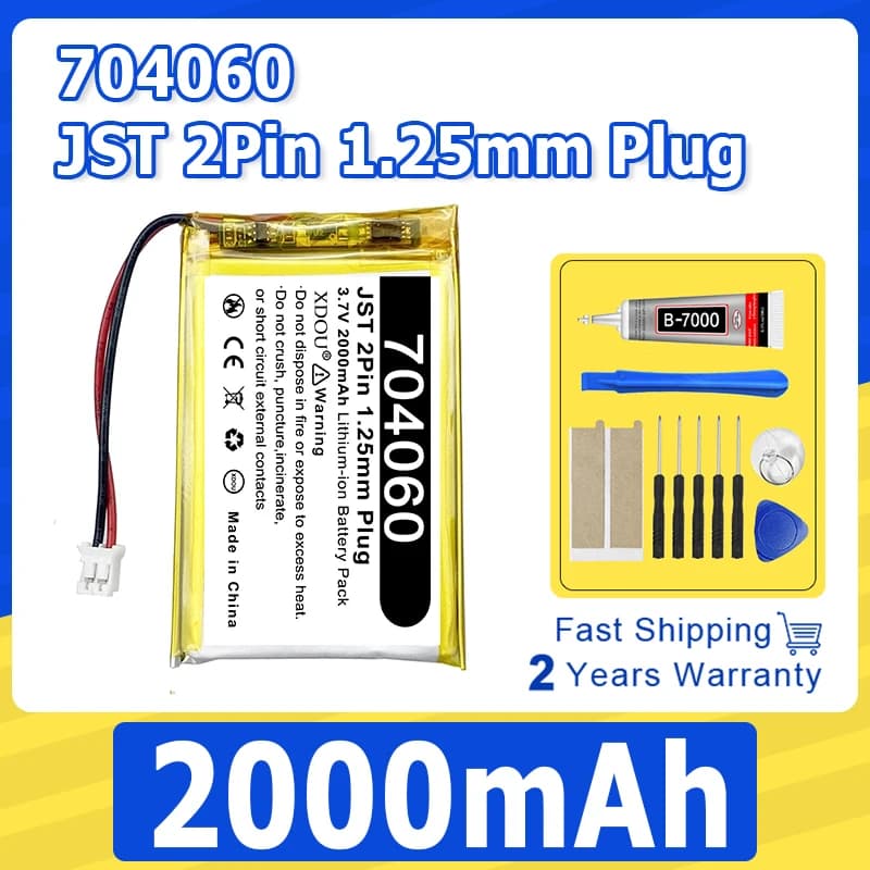 3.7V 2000mAh 7.4Wh Li-polymer Rechargeable Li Lithium Battery 704060 Li-pol JST 2Pin 1.25mm Connector Plug For Baby Monitor