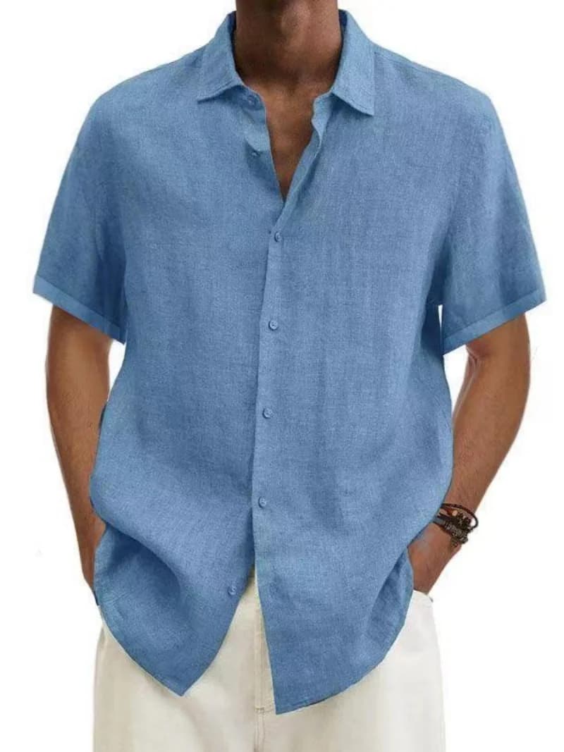 Camicia da uomo a maniche corte in misto lino, casual, con colletto button-down, leggera e traspirante