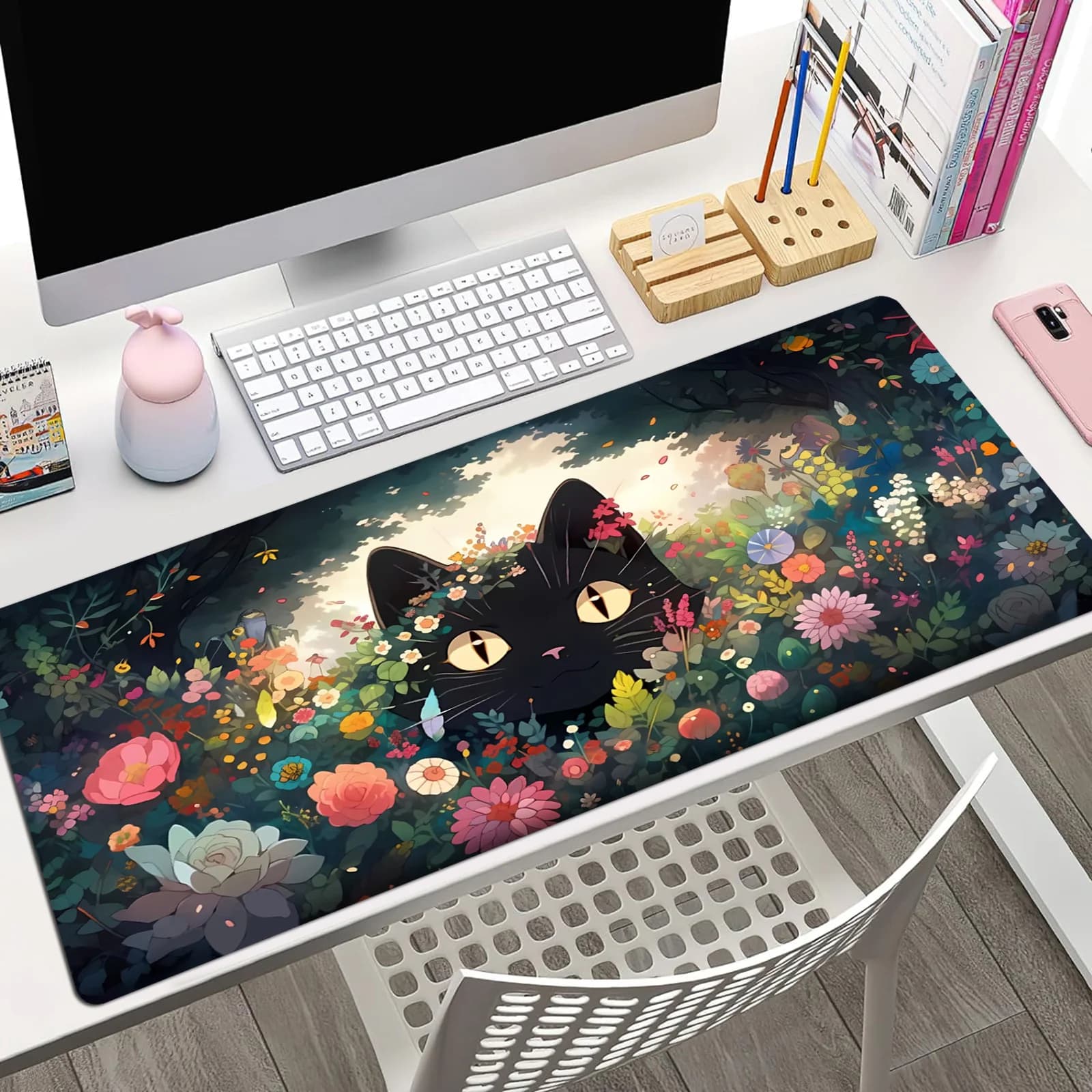 Black Cat Flowers Mouse Pad Desk Pad Large Gaming Mousepad Computer Game Mouse Mat Desk Mat Stitched Edges Non-Slip Rubber Base