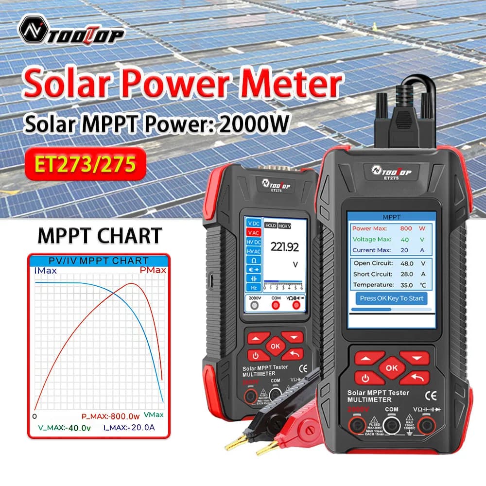 TOOLTOP 2000W Tester di potenza solare MPPT 3,2 pollici 2KV 60000 conteggi Multimetro Misuratore di energia solare fotovoltaica Pmax Voc Isc Test