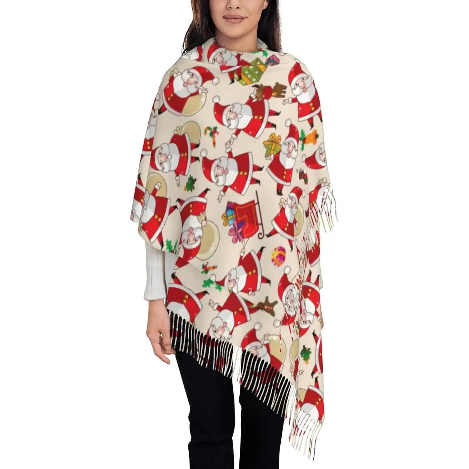 Christmas Cartoon Santa Claus print Oversize winter slide with tassels Scarf with fashionable tassels with styling