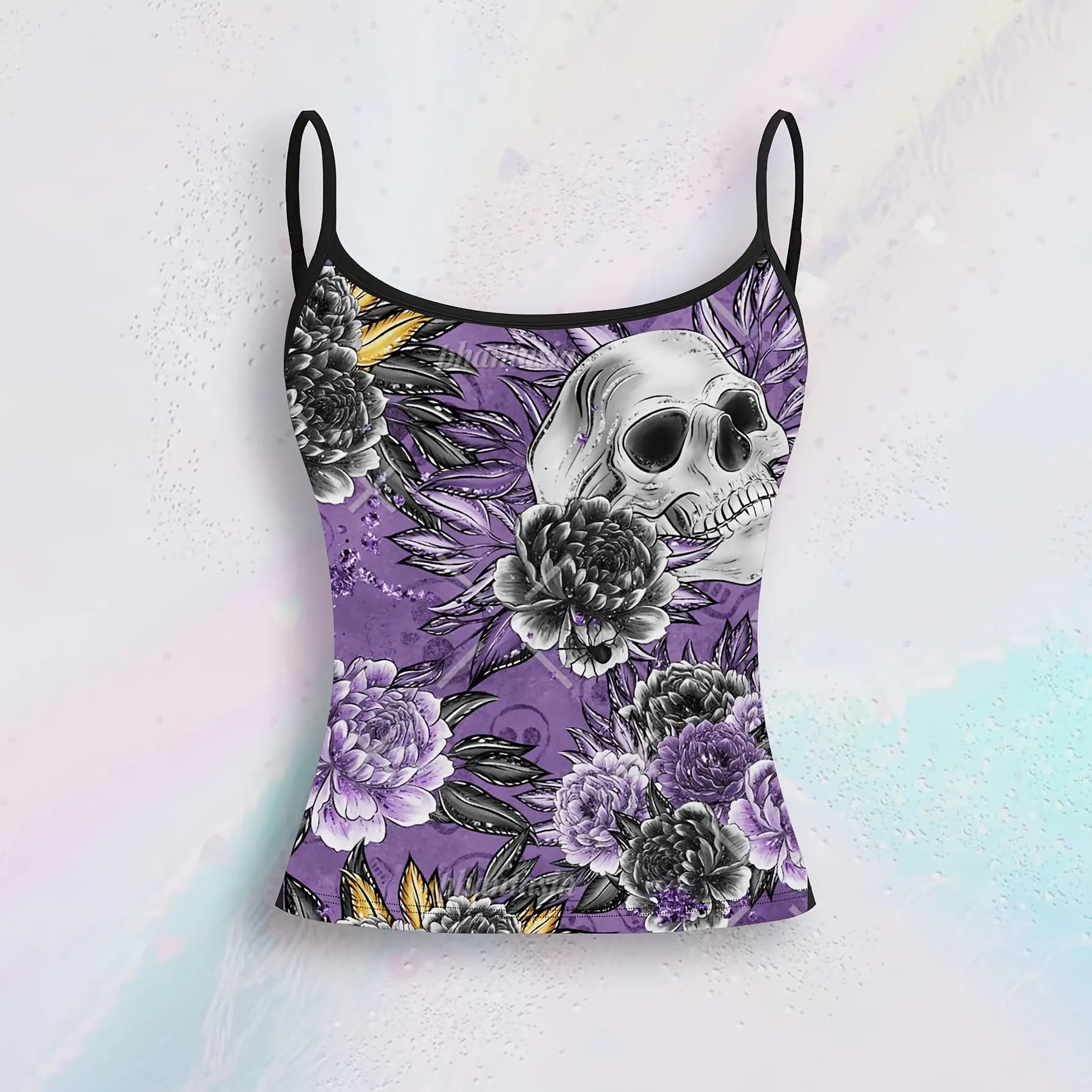 Summer Women's skull Print T-shirt Straps top Gothic Casual Breathable Micro Elastic Fabric Sleeveless Straps sling Vest
