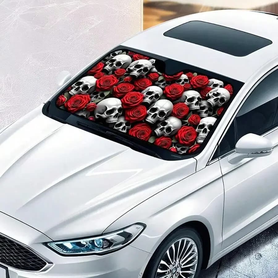 Parasole pieghevole per auto con design teschio e rosa rossa, protezione UV per il parabrezza anteriore