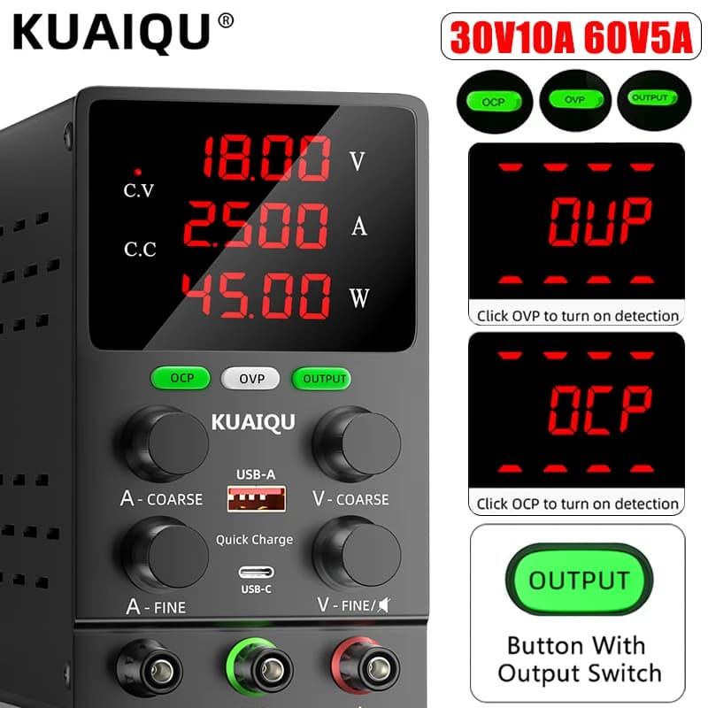 Alimentatore da Laboratorio DC KUAIQU OCP 12V/24V/48V Regolabile, Alimentatore da Tavolo con Protezione OVP, Interruttore di Uscita, Ricarica Rapida USB