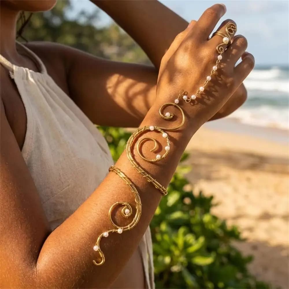 Hollow Out Spiral Gold Arm Cuff Vintage Adjustable Pearl Bracelet Connected Ring Vacation Style Gold Jewelry Hand Jewelry