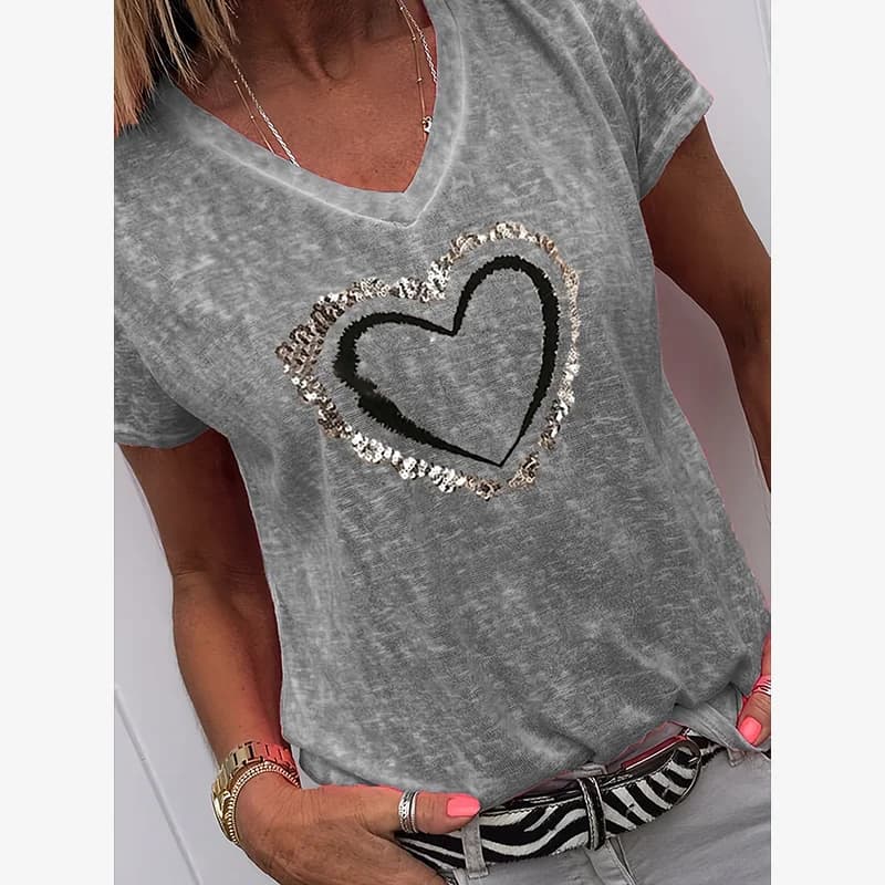 Women's Elegant Heart-Shaped Print + Embroidered Sequins Summer New T-Shirt, Fashionable Workwear and Daily Wear Top