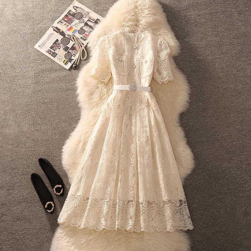 Summer 2026 New Style Korean Fashion High Waist Short Sleeve Lace Dress Glittering Beads Lady Elegant Quality Dress