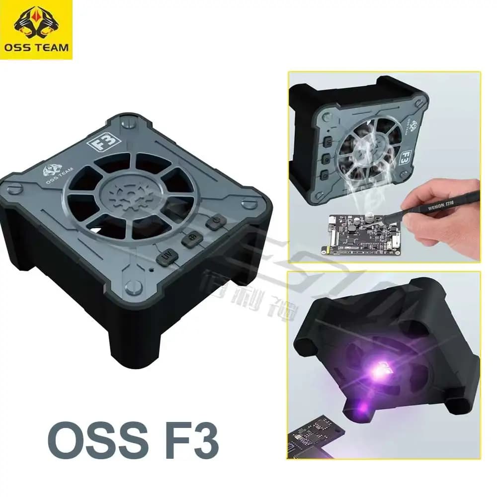 OSS F3 Ventola di polimerizzazione UV di raffreddamento 2in1 Kit di scarico del fumo per dissipazione rapida del calore per telefoni cellulari Strumento di riparazione PCB della scheda madre del computer