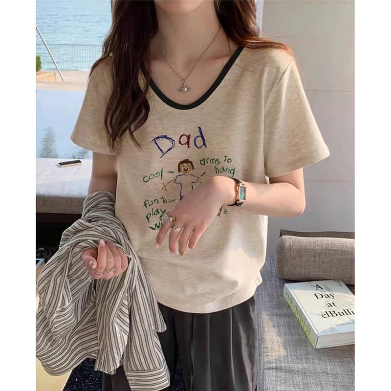 American Style Slim Fit Short Sleeve T-Shirt Women's V-Neck Printed Cotton Polyester Blend Summer Large Size Female Clothing