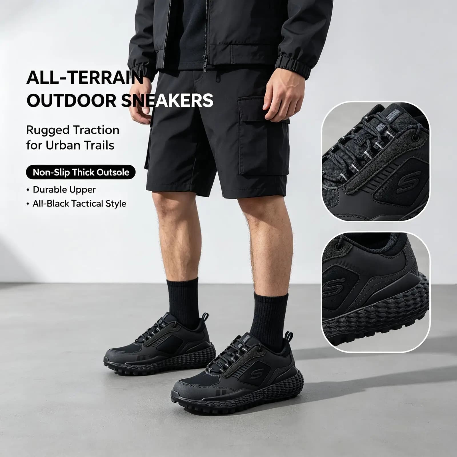 Hot Skechers Black All-Terrain Outdoor Sneakers for Men Women Rugged Non-Slip Thick Sole Walking Shoes Durable Tactical Sport Sh