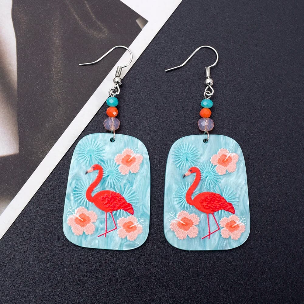 Orecchini blu in acrilico con stampa 3D a forma di fenicottero rosso per donna, eleganti accessori da vacanza in stile cartone animato, gioielli da indossare tutti i giorni