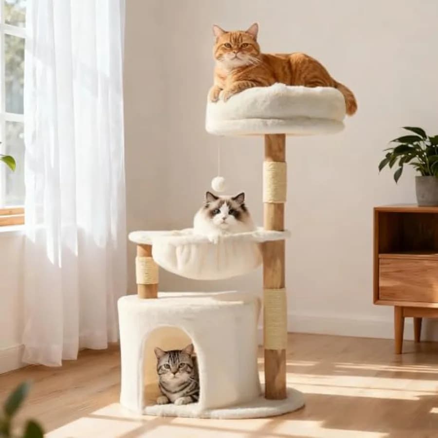Albero per gatti in legno, estetico e moderno, con posti per grattare, lussuoso appartamento per gatti con ampia amaca e morbida poggia in peluche