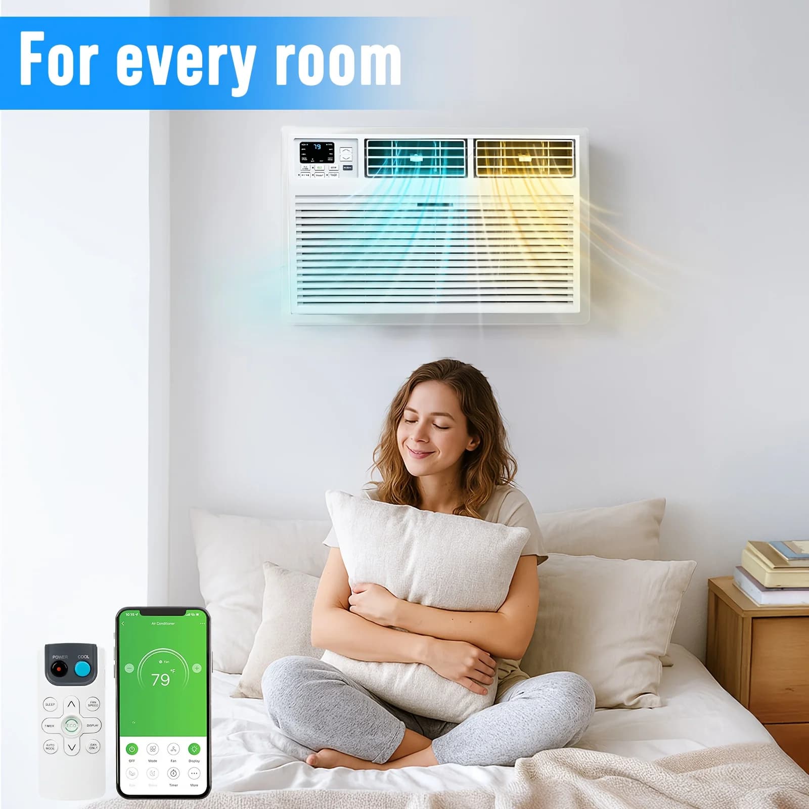 Condizionatore d'Aria Intelligente da Parete 8000 BTU con Funzione di Riscaldamento, Unità AC e Riscaldatore Combinati con Telecomando, Controllo tramite APP e Vocale e Timer